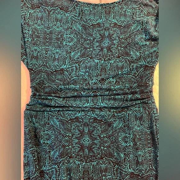 Ann Taylor Womens Ruched Waist Dress Turquoise and Navy Short Sleeves, size MP - Picture 4 of 9